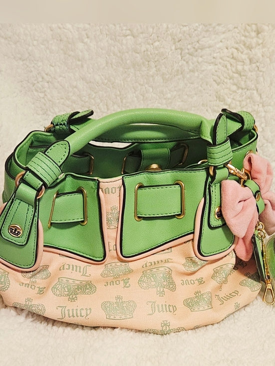 Juicy Couture Handbags - Nwt Juicy Couture Pink  Fan club Green Leather Accent Shoulder Bag w Bow Charm